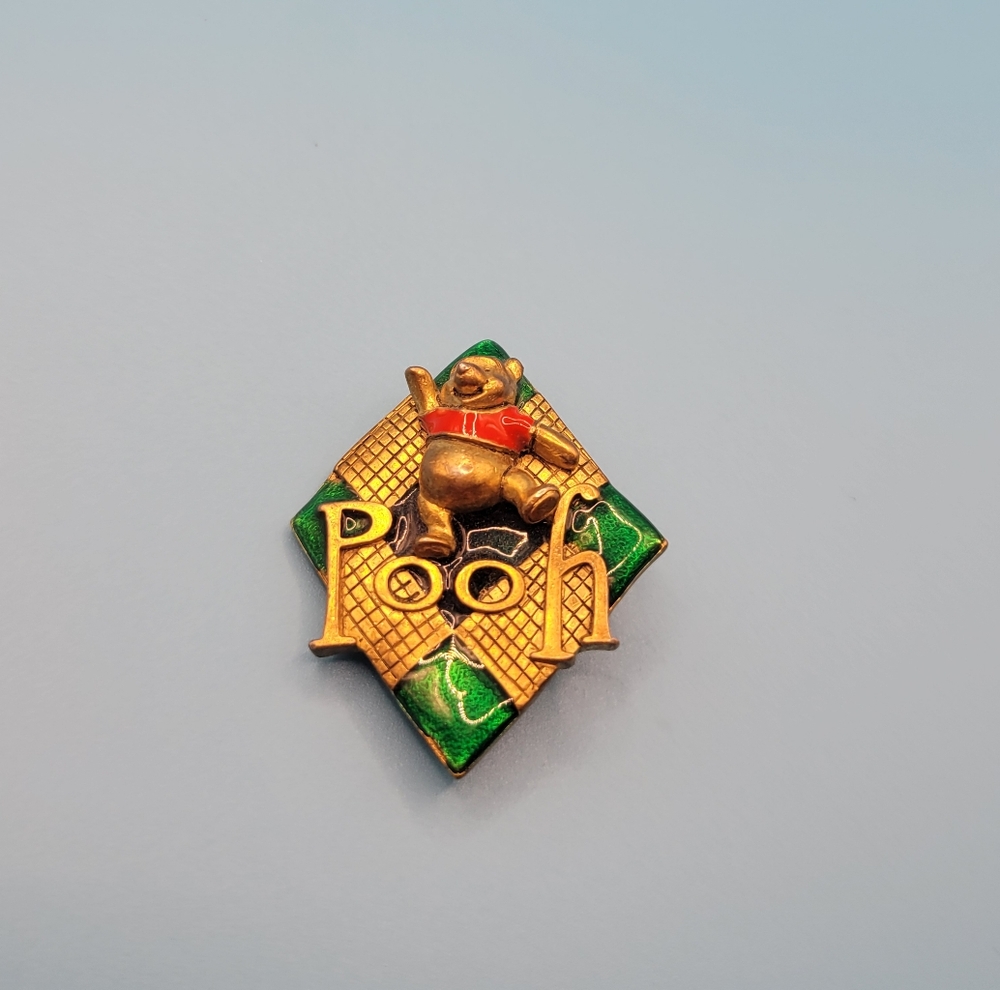 Vintage Disney Pooh Bear Gold tone with Green and Red Enamel Brooch